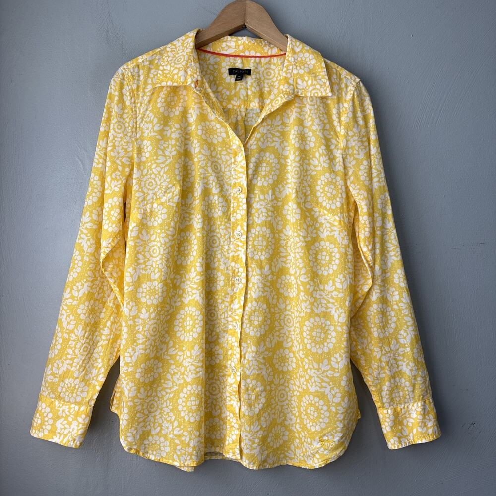 Talbots Button Up Shirt Size Medium Lemon Yellow White Floral Cotton Preppy Chic